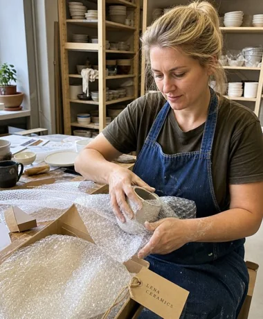 A ceramicist packing a mug